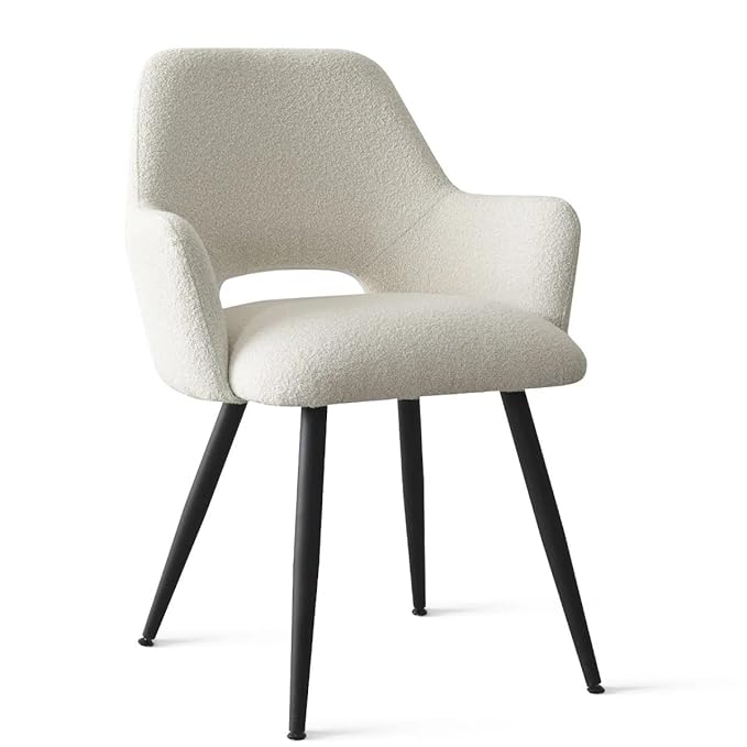 Finch Fox® Motel Luxurious Home Collection Upholstery Boucle Fabric Arm Dining Room Chairs in Cream Color with Black Metal Powder Coated Legs