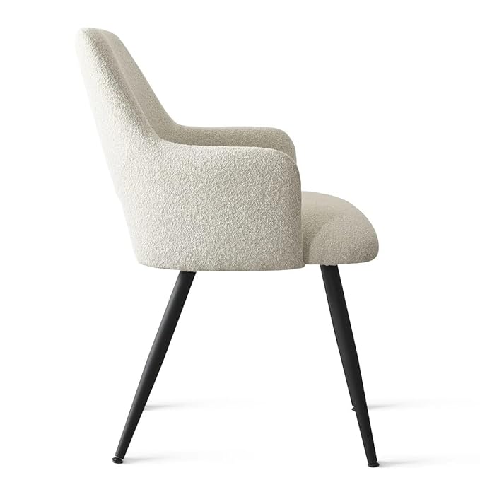 Finch Fox® Motel Luxurious Home Collection Upholstery Boucle Fabric Arm Dining Room Chairs in Cream Color with Black Metal Powder Coated Legs